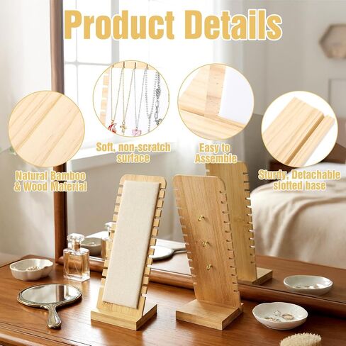 4PCS Bamboo Necklace Display Stands, 2 Sizes Jewelry Organizer with PU & Flannel Panels, Detachable Base Tabletop Holder for Necklaces, Chains, Bracelets – for Home, Boutique, or Vendor Shows in Saudi Arabia