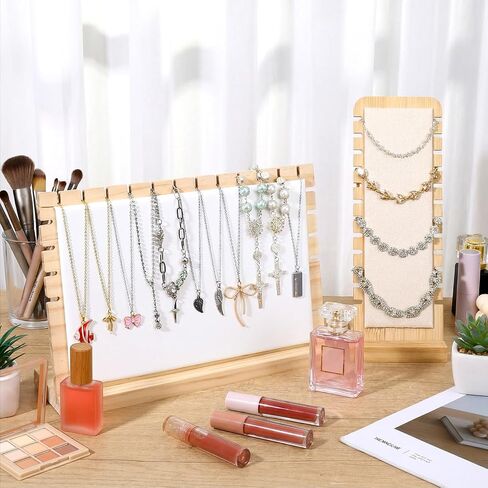 4PCS Bamboo Necklace Display Stands, 2 Sizes Jewelry Organizer with PU & Flannel Panels, Detachable Base Tabletop Holder for Necklaces, Chains, Bracelets – for Home, Boutique, or Vendor Shows in Saudi Arabia