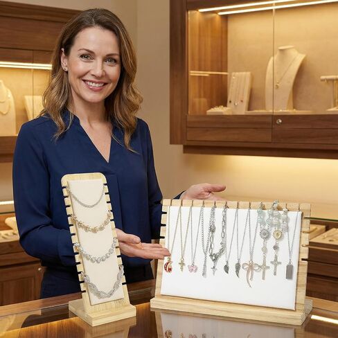 4PCS Bamboo Necklace Display Stands, 2 Sizes Jewelry Organizer with PU & Flannel Panels, Detachable Base Tabletop Holder for Necklaces, Chains, Bracelets – for Home, Boutique, or Vendor Shows in Saudi Arabia