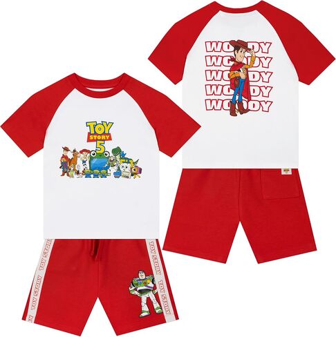 Disney Toy Story Outfit, Buzz Lightyear And Woody T-Shirt And Shorts For Boys, Short Sleeve Summer 2 Piece Set, Red 5 in Kuwait