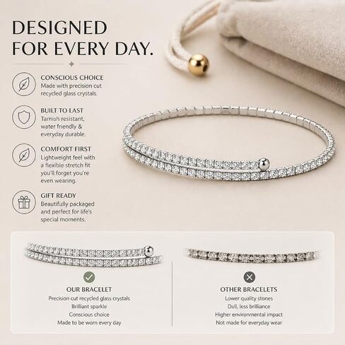 Dainty 2mm Silver Tennis Bracelet for Women – Ultra Thin Elastic Stretch Bracelet with Precision Cut Recycled Glass Crystals in Saudi Arabia