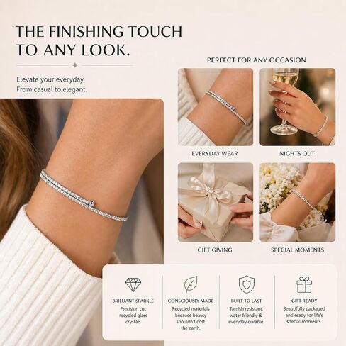 Dainty 2mm Silver Tennis Bracelet for Women – Ultra Thin Elastic Stretch Bracelet with Precision Cut Recycled Glass Crystals in Saudi Arabia