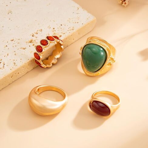 Chunky Gold Stackable Statement Rings for Women,Vintage Colorful Resin Knuckle Ring Set,Trendy Boho Jewelry Ethnic Accessories in Saudi Arabia
