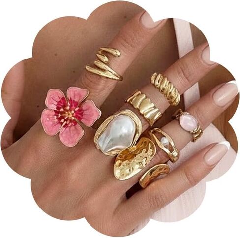 Gold Stackable Ring Set for Women Boho Flower Starfish Shell Baroque Pearl Statement Rings Vintage Summer Beach Party Present Jewelry in Saudi Arabia
