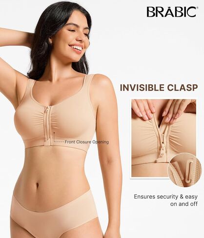 BRABIC Front Closure Bras for Women Compression Surgical Bra No Underwire Full Coverage Wireless Bralette, Beige, XXL in Saudi Arabia
