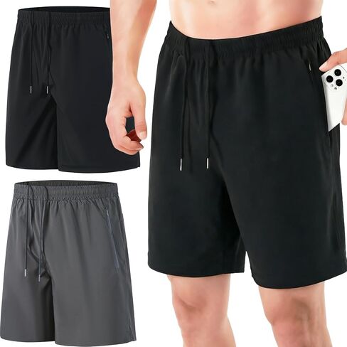 2 Pack Mens Gym Shorts Quick Dry Lightweight Drawstring Elastic Waist Athletic Shorts with Zipper Pockets S-3XL in Saudi Arabia