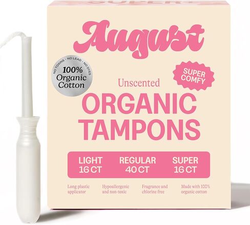 August Organic Tampons - Easy-Glide Long Applicators - Light, Regular, & Super - 72-Pack 100% Organic Cotton Tampons for Women, Non-Toxic, Fragrance-Free, and Hypoallergenic in Saudi Arabia