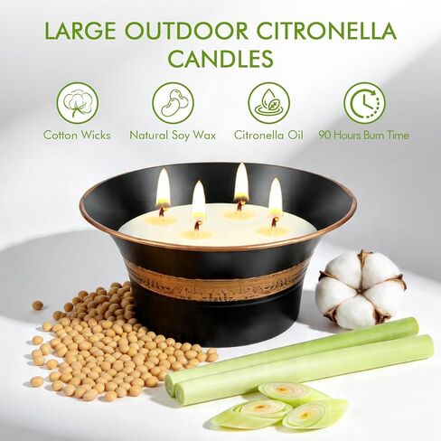 Citronella Candles Outdoor, 4 Wick Large Citronella Candle, 90 Hours Long Lasting Burn, 18 OZ Natural Soy Wax Candles for Patio, Backyard, Camping, Deck, Balcony, Garden, Indoor and Summer Parties in Saudi Arabia