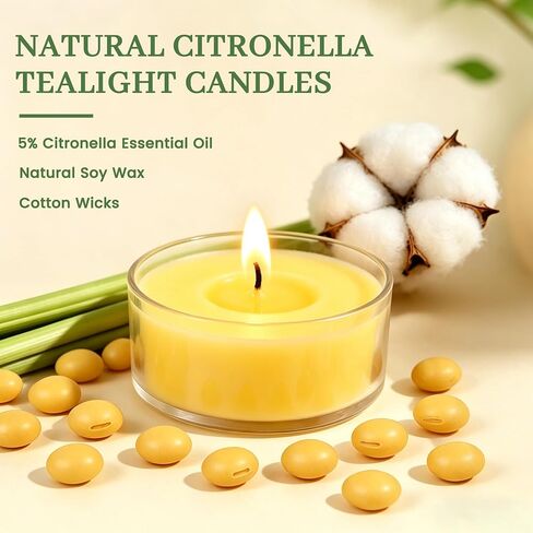 Tealight Citronella Candles Outdoor, 4Hours Soy Wax Tea Lights Candles for Patio, Garden, Yard, Terrace, Camping, Home, Indoor, Party, 30 Pack Acrylic Votive Candles for Weddings, Shabbat, Events in Saudi Arabia