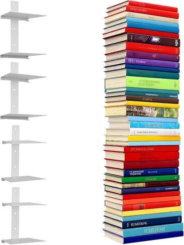 6 Tier Invisible Floating Bookshelves for Wall,Heavy Duty Floating Book Shelves, Metal Book Organizers Vertical Spine Book Tower for Home Office, 3 Pack(White) in Saudi Arabia