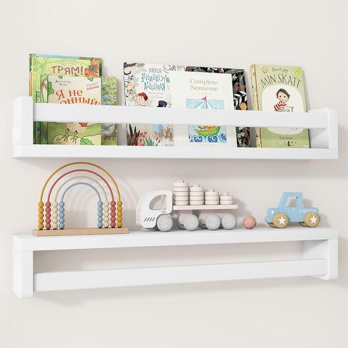 Fun Memories Nursery Book Shelves Set of 2, 24 Inch Solid Wood Wall Book Shelves, Kids Room Floating Shelves Organizer & Toy Storage,White Nursery Decor in Saudi Arabia