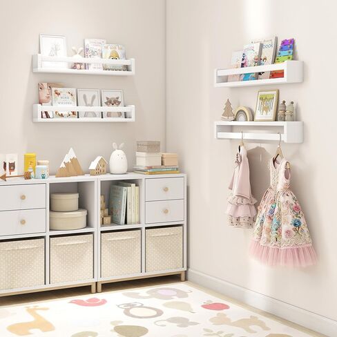 Fun Memories Nursery Book Shelves Set of 2, 24 Inch Solid Wood Wall Book Shelves, Kids Room Floating Shelves Organizer & Toy Storage,White Nursery Decor in Saudi Arabia
