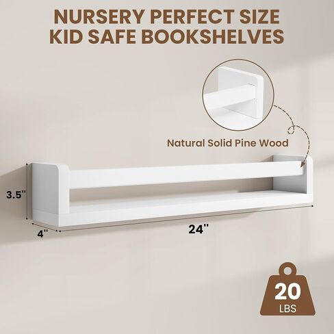 Fun Memories Nursery Book Shelves Set of 2, 24 Inch Solid Wood Wall Book Shelves, Kids Room Floating Shelves Organizer & Toy Storage,White Nursery Decor in Saudi Arabia