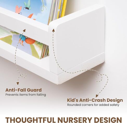Fun Memories Nursery Book Shelves Set of 2, 24 Inch Solid Wood Wall Book Shelves, Kids Room Floating Shelves Organizer & Toy Storage,White Nursery Decor in Saudi Arabia