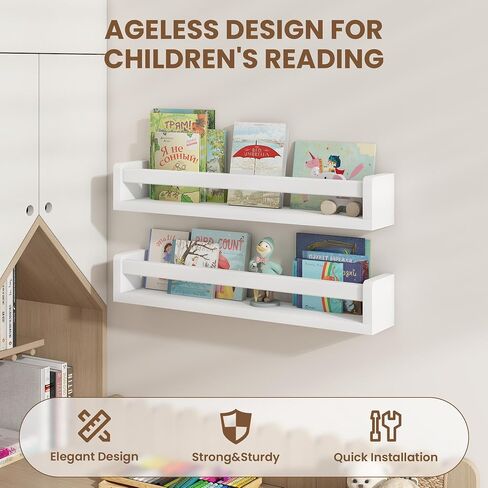 Fun Memories Nursery Book Shelves Set of 2, 24 Inch Solid Wood Wall Book Shelves, Kids Room Floating Shelves Organizer & Toy Storage,White Nursery Decor in Saudi Arabia