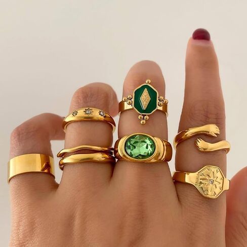 Gold Chunky Stackable Rhinestone Rings for Women,Vintage Wide Geometric Octagram Statement Rings Set,Formal Jewelry Gift Outifits Accessories in Saudi Arabia