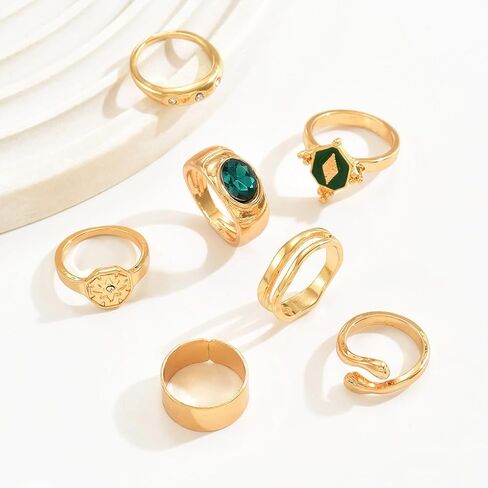 Gold Chunky Stackable Rhinestone Rings for Women,Vintage Wide Geometric Octagram Statement Rings Set,Formal Jewelry Gift Outifits Accessories in Saudi Arabia