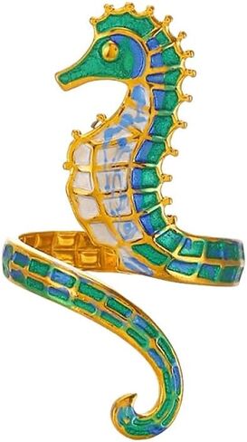 Dtja Blue Green Seahorse Stacking Statement Ring for Women Gold Toned Fashion Adjustable Expandable Hippocampus Marine Ocean Sea Animal Open Rings Creative Holiday Birthday Party Jewelry Gift in Kuwait