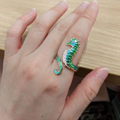 Dtja Blue Green Seahorse Stacking Statement Ring for Women Gold Toned Fashion Adjustable Expandable Hippocampus Marine Ocean Sea Animal Open Rings Creative Holiday Birthday Party Jewelry Gift in Kuwait