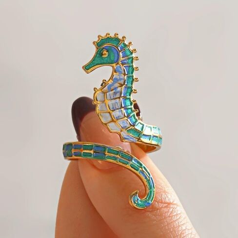 Dtja Blue Green Seahorse Stacking Statement Ring for Women Gold Toned Fashion Adjustable Expandable Hippocampus Marine Ocean Sea Animal Open Rings Creative Holiday Birthday Party Jewelry Gift in Kuwait