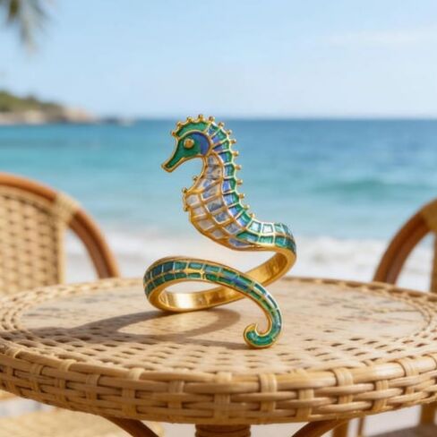 Dtja Blue Green Seahorse Stacking Statement Ring for Women Gold Toned Fashion Adjustable Expandable Hippocampus Marine Ocean Sea Animal Open Rings Creative Holiday Birthday Party Jewelry Gift in Kuwait