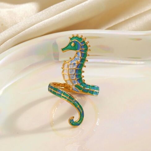 Dtja Blue Green Seahorse Stacking Statement Ring for Women Gold Toned Fashion Adjustable Expandable Hippocampus Marine Ocean Sea Animal Open Rings Creative Holiday Birthday Party Jewelry Gift in Kuwait