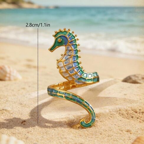 Dtja Blue Green Seahorse Stacking Statement Ring for Women Gold Toned Fashion Adjustable Expandable Hippocampus Marine Ocean Sea Animal Open Rings Creative Holiday Birthday Party Jewelry Gift in Kuwait