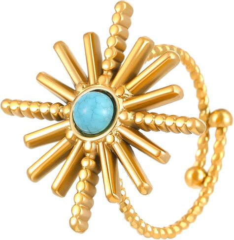 Turquoise 18K Gold Plated Ring for Women Bold Vintage Rings Boho Statement Stackable Band Open Adjustable Minimalist Trendy Jewelry for Mom Wife Birthday Gifts in Saudi Arabia