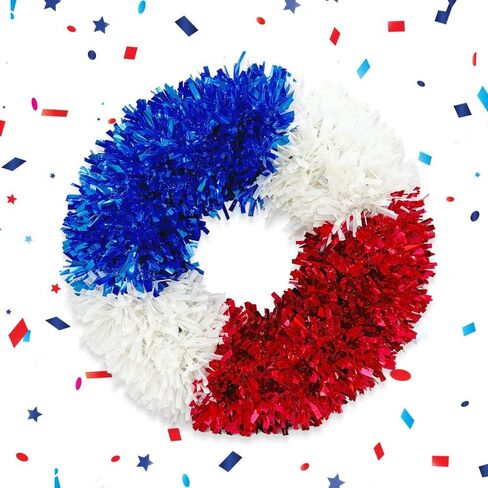 Patriotic Wreath for Front Door, Artificial Shape Tinsel Patriotic Star Hanging Wreaths Veterans Day Party Crafts Ornament Red Blue Sliver Decor Wreath for Kitchen Home Indoor Window in Saudi Arabia