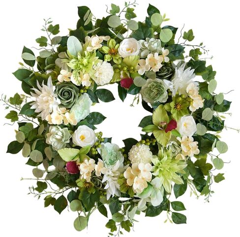 24 Inch Spring Wreath for Front Door, Artificial Green & White Floral Wreath with Peony & Hydrangea, Spring Summer Indoor Outdoor Wreaths for Home Wall Porch Decor Wedding Party Festive Green Decor in Saudi Arabia