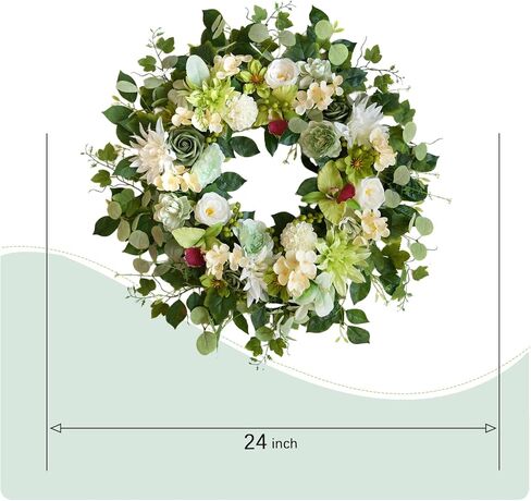 24 Inch Spring Wreath for Front Door, Artificial Green & White Floral Wreath with Peony & Hydrangea, Spring Summer Indoor Outdoor Wreaths for Home Wall Porch Decor Wedding Party Festive Green Decor in Saudi Arabia