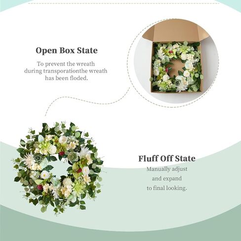 24 Inch Spring Wreath for Front Door, Artificial Green & White Floral Wreath with Peony & Hydrangea, Spring Summer Indoor Outdoor Wreaths for Home Wall Porch Decor Wedding Party Festive Green Decor in Saudi Arabia