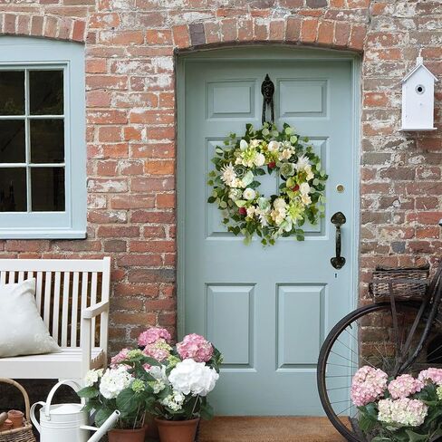 24 Inch Spring Wreath for Front Door, Artificial Green & White Floral Wreath with Peony & Hydrangea, Spring Summer Indoor Outdoor Wreaths for Home Wall Porch Decor Wedding Party Festive Green Decor in Saudi Arabia