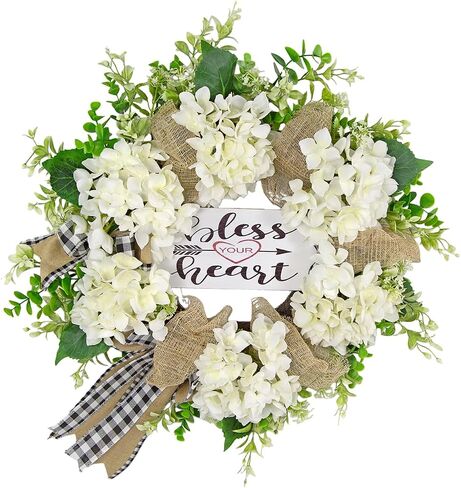 24 Inch Eucalyptus Sunflower Wreath for Front Door, Artificial White Flower Wreath with Bless Your Heart Sign, Rustic Farmhouse Country Door Decor for Spring Summer in Saudi Arabia