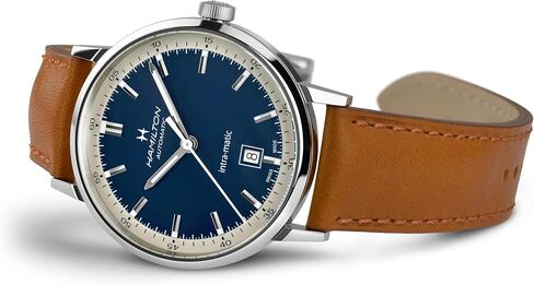 Hamilton American Classic Automatic Men's Watch, 40mm Stainless Steel Case, Swiss Made, Blue Dial Analog Wrist Watch for Men, 50m Waterproof, Sapphire Crystal, 3-Hand Movement, Cow Leather Strap in Kuwait