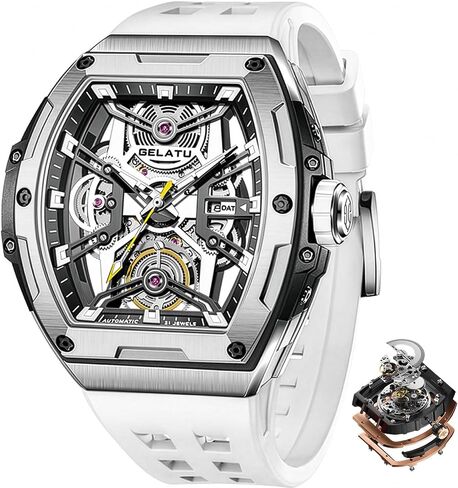 OLEVS GELATU Men Watch Automatic Tonneau Watch Skeleton Mechanical 50M Waterproof Square Male Watches White/Black/Rose Gold in Kuwait