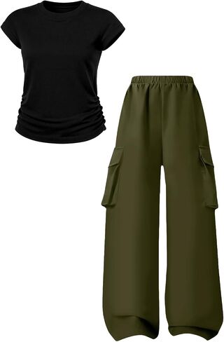 Tween Girls Clothes 2 Piece Outfits Short Sleeve Ruched T-Shirt and Cargo Pants Set Casual Matching Outfit 7-16Y in Saudi Arabia