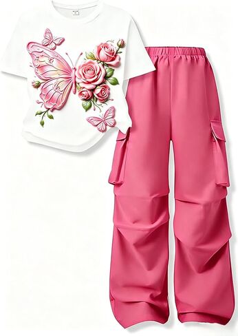 Tween Girls Cute Clothes Butterfly & Rose Printed Top + Trendy Cargo Pants Set 7-14 Years in Kuwait