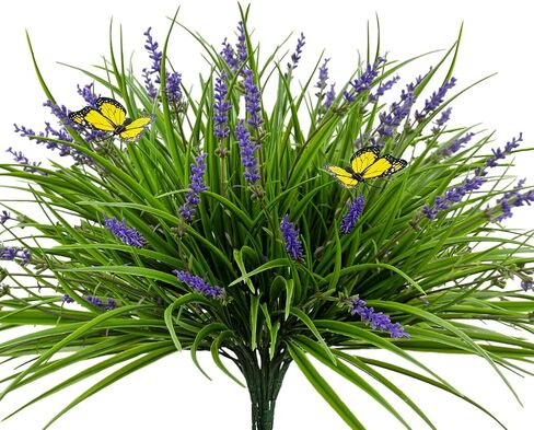 16 Bundles Artificial Outdoor Plants and 2 Pcs Butterfly Stakes Fake Monkey Grass with Flowers UV Resistant Faux Plant Greenery for Outside Planter Porch Patio Garden Window (Purple) in Saudi Arabia