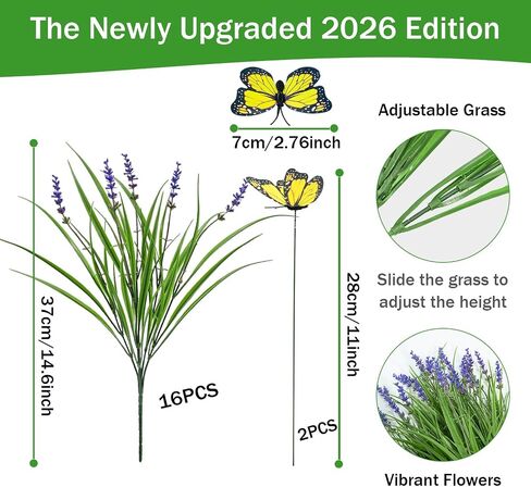 16 Bundles Artificial Outdoor Plants and 2 Pcs Butterfly Stakes Fake Monkey Grass with Flowers UV Resistant Faux Plant Greenery for Outside Planter Porch Patio Garden Window (Purple) in Saudi Arabia