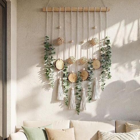 Artificial Eucalyptus Wall Decor Hanging, Boho Bathroom Wall Decor, Fake Greenery Leaves Stems with Wicker Balls Tassels on 33.1" Stick, for Living Room, Bedroom, Kitchen, Home Office in Saudi Arabia