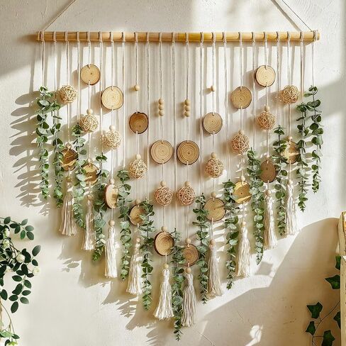 Artificial Eucalyptus Wall Decor Hanging, Boho Bathroom Wall Decor, Fake Greenery Leaves Stems with Wicker Balls Tassels on 33.1" Stick, for Living Room, Bedroom, Kitchen, Home Office in Saudi Arabia