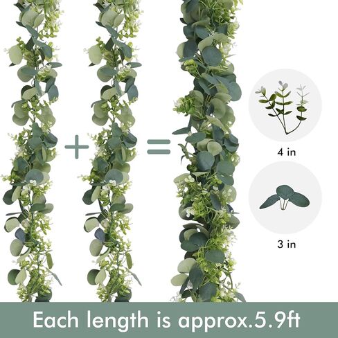 2 Pack Eucalyptus Garland 6 FT Artificial Greenery Garland Faux Silver Dollar Leaves Fake Hanging Eucalyptus Leaves Garlands Vines for Wedding Party Table Runner Room Home Mantle Decor in Saudi Arabia