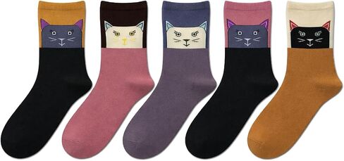 bony&katia Cute Cat Crew Socks for Women 5 Pairs Set - Soft Breathable Cotton - Gift Idea for Mothers Day in Saudi Arabia