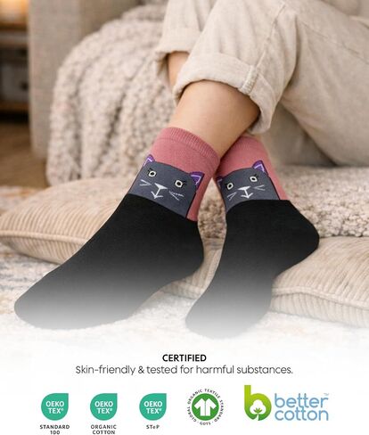 bony&katia Cute Cat Crew Socks for Women 5 Pairs Set - Soft Breathable Cotton - Gift Idea for Mothers Day in Saudi Arabia
