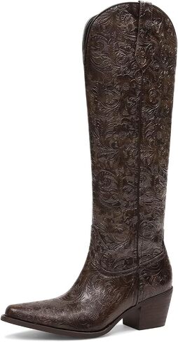 Cowboy Boots for Women Black Cowgirl Boots Embossed Knee High Western Chunky Block Heel Pointed Toe Pull On Tall Boots-Comfortable,Retro,Country,Vintage,Classic,Chic in Saudi Arabia