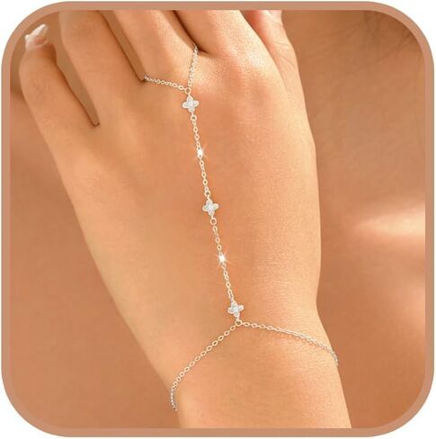 925 Sterling Silver Flower Rings Bracelet Hand Chain for Women 14K Gold Plated Dainty CZ Stackable Bracelet Trendy Hibiscus Flower Link Charm Chain Body Ring Bracelets Jewelry Wedding Summer Beach Gifts in Saudi Arabia