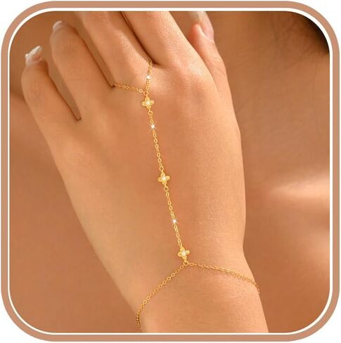 925 Sterling Silver Flower Rings Bracelet Hand Chain for Women 14K Gold Plated Dainty CZ Stackable Bracelet Trendy Hibiscus Flower Link Charm Chain Body Ring Bracelets Jewelry Wedding Summer Beach Gifts in Saudi Arabia