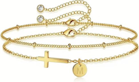 Cross Bracelet Set for Women, 18K Gold Plated Stainless Steel, Minimalist Cross & Initial Letter Charm, Adjustable Layered Bracelets with Gift Box and Inspirational Cards in Kuwait