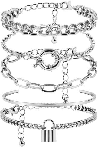 5 Pcs Chunky Padlock Charm Bracelet Set For Women Geometric Round Clasp Curb Chain Stackable Layered Punk Hip Hop Statement Wrist Jewelry in Saudi Arabia
